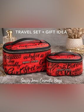 Sassy Jones Red Script Cosmetic Case with Metal Logo